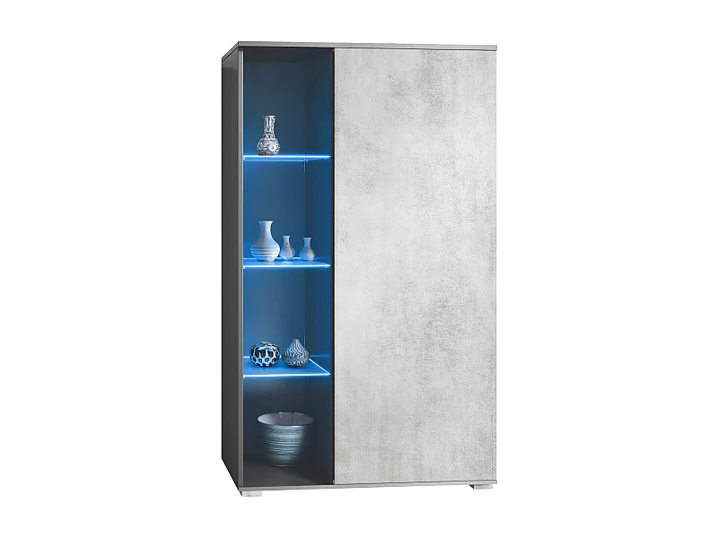 Vitrine Davos, vitrine sur pied avec 3 étagères en verre et 8 compartiments y compris LED, anthracite mat/aspect béton oxyde  (71,5 x 134 x 35 cm)