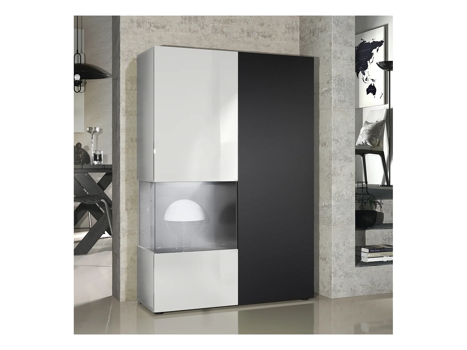 Vitrine Armoire Morena, Corps en Blanc mat / Porte droite et insert en Noir mat avec éclairage LED