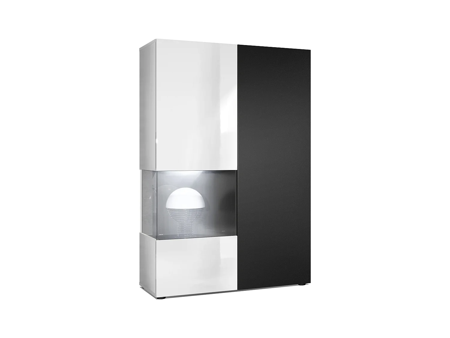 Vitrina Cómoda Morena, cuerpo en blanco mate/ puerta derecha e inserción en negro mate con iluminación LED