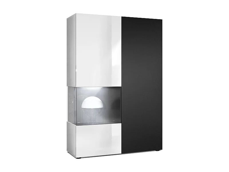 Armadio espositivo alto Morena, struttura in bianco opaco / anta destra e inserto in nero opaco con illuminazione a LED