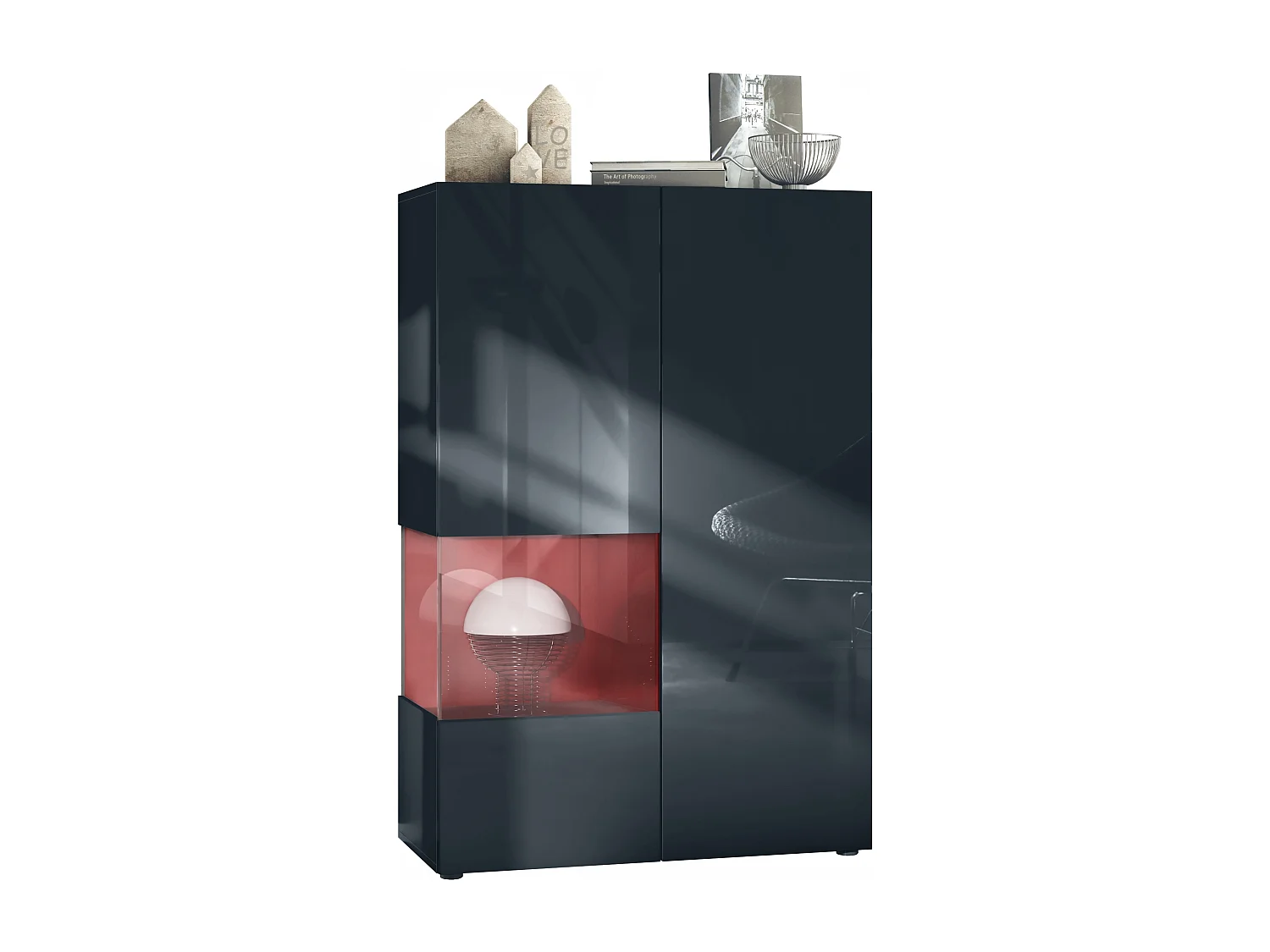 Vitrine Morena V2, vitrine sur pied avec 2 portes et insert en verre, corps noir mat, façades noir haute brillance, Cube bordeaux haute brillance