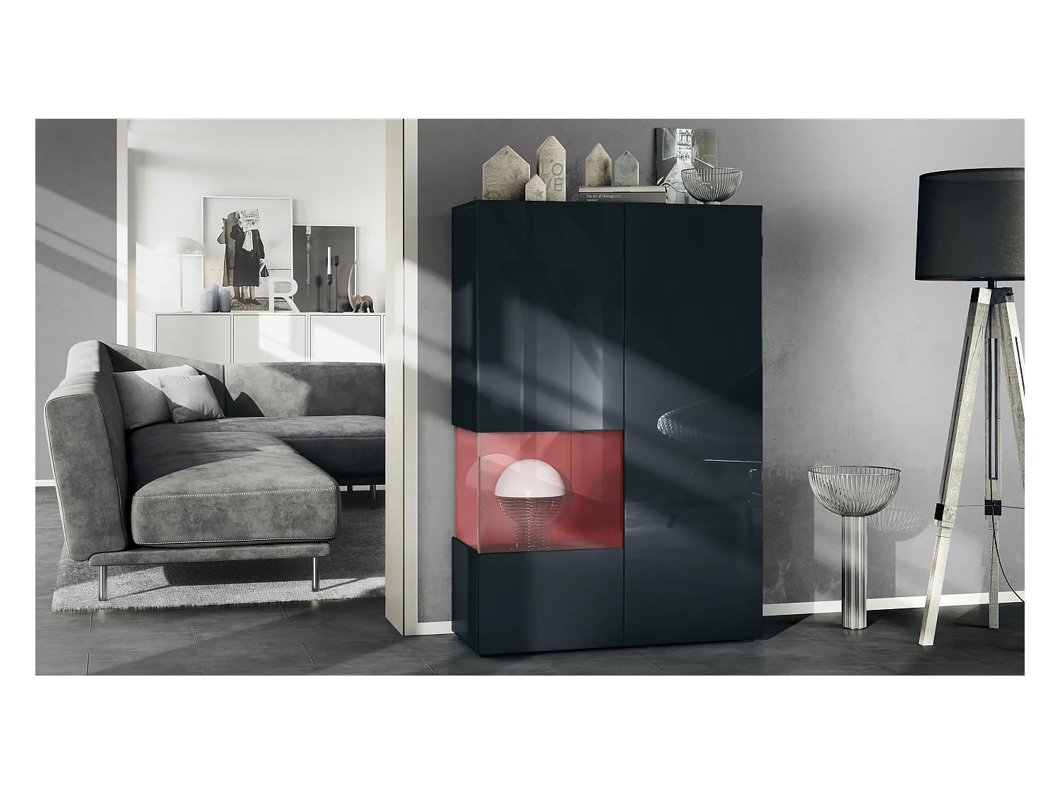 Vitrine Morena V2, vitrine sur pied avec 2 portes et insert en verre, corps noir mat, façades noir haute brillance, Cube bordeaux haute brillance
