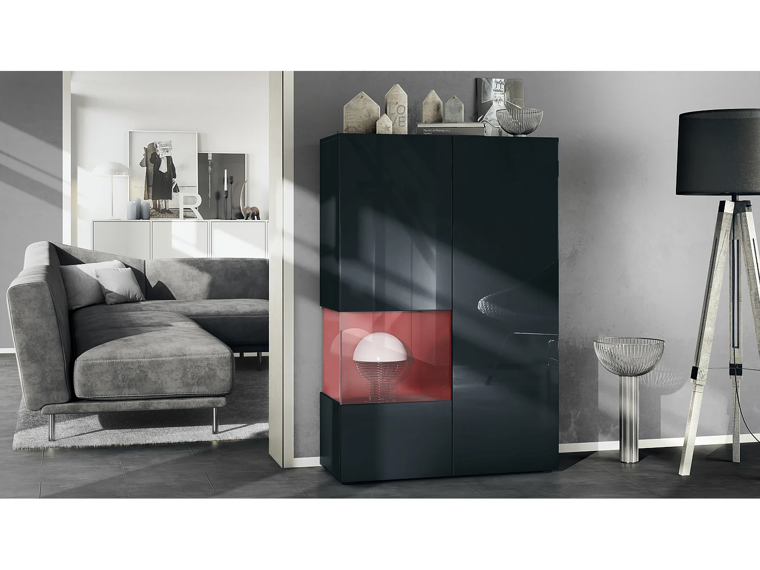 Vetrina Vladon Morena V2, vetrina a pavimento con 2 ante e inserto in vetro, mobile nero opaco, frontali nero lucido, cubo bordeaux lucido  (91,5 x 136,5 x 37 cm)