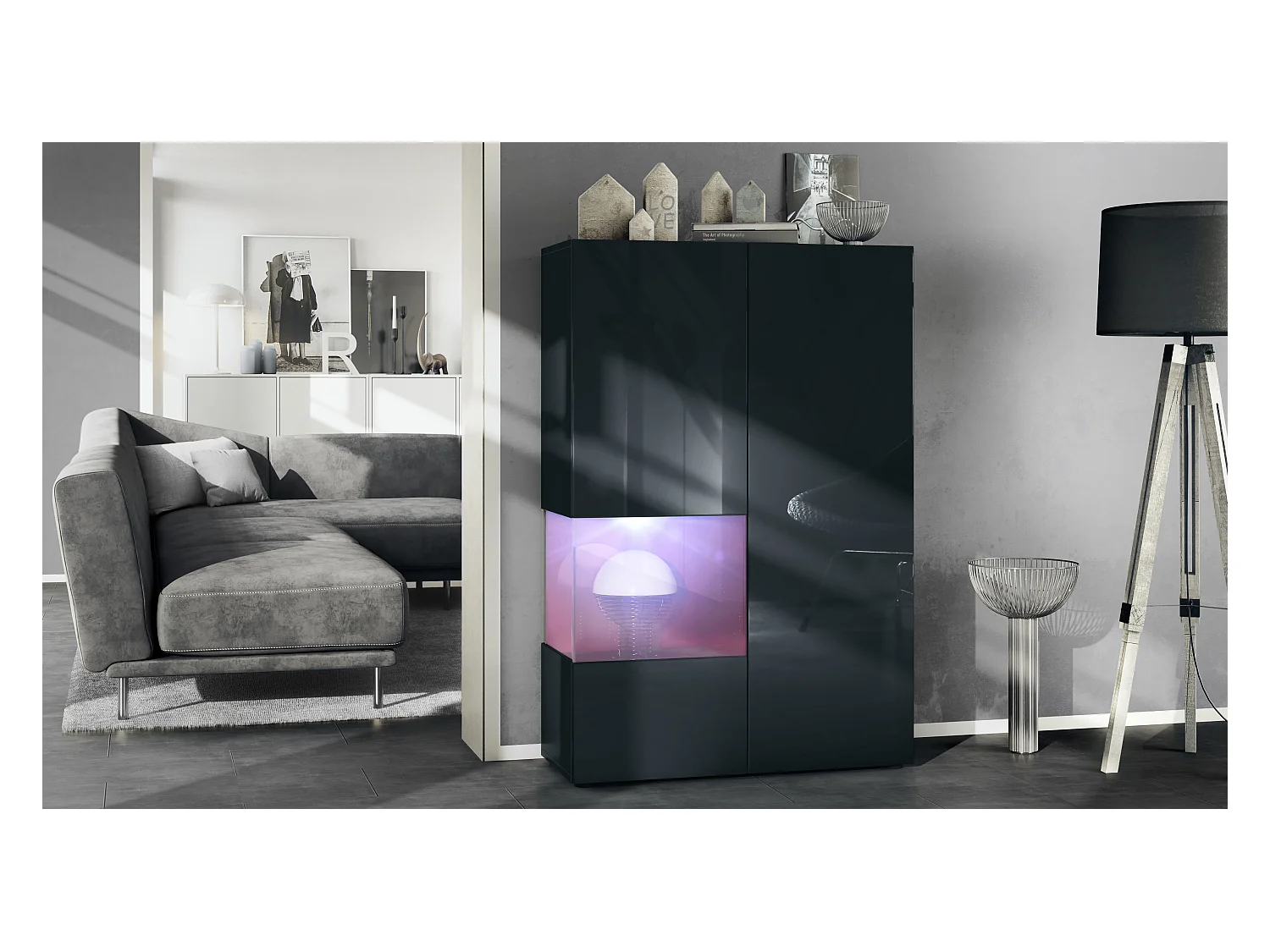 Vitrine Morena V2, vitrine sur pied avec 2 portes et insert en verre, corps noir mat, façades noir brillant, Cube bordeaux brillant avec éclairage LED blanc