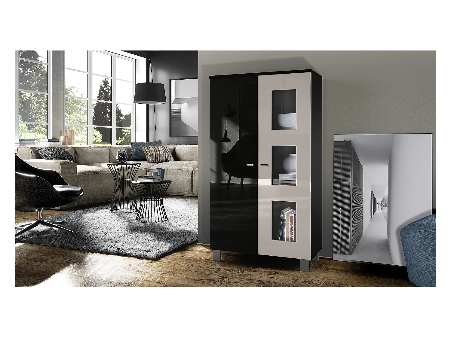 Vitrine de salon Denjo, Vitrine sur pied avec 2 portes et 3 vitres, Noir mat/Noir haute brillance/Gris sable haute brillance (71 x 129 x 35 cm)