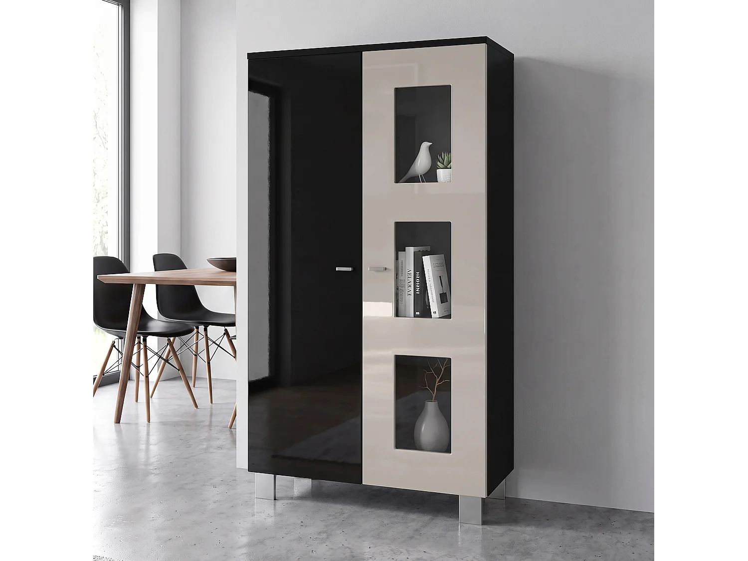 Vitrine de salon Denjo, Vitrine sur pied avec 2 portes et 3 vitres, Noir mat/Noir haute brillance/Gris sable haute brillance (71 x 129 x 35 cm)
