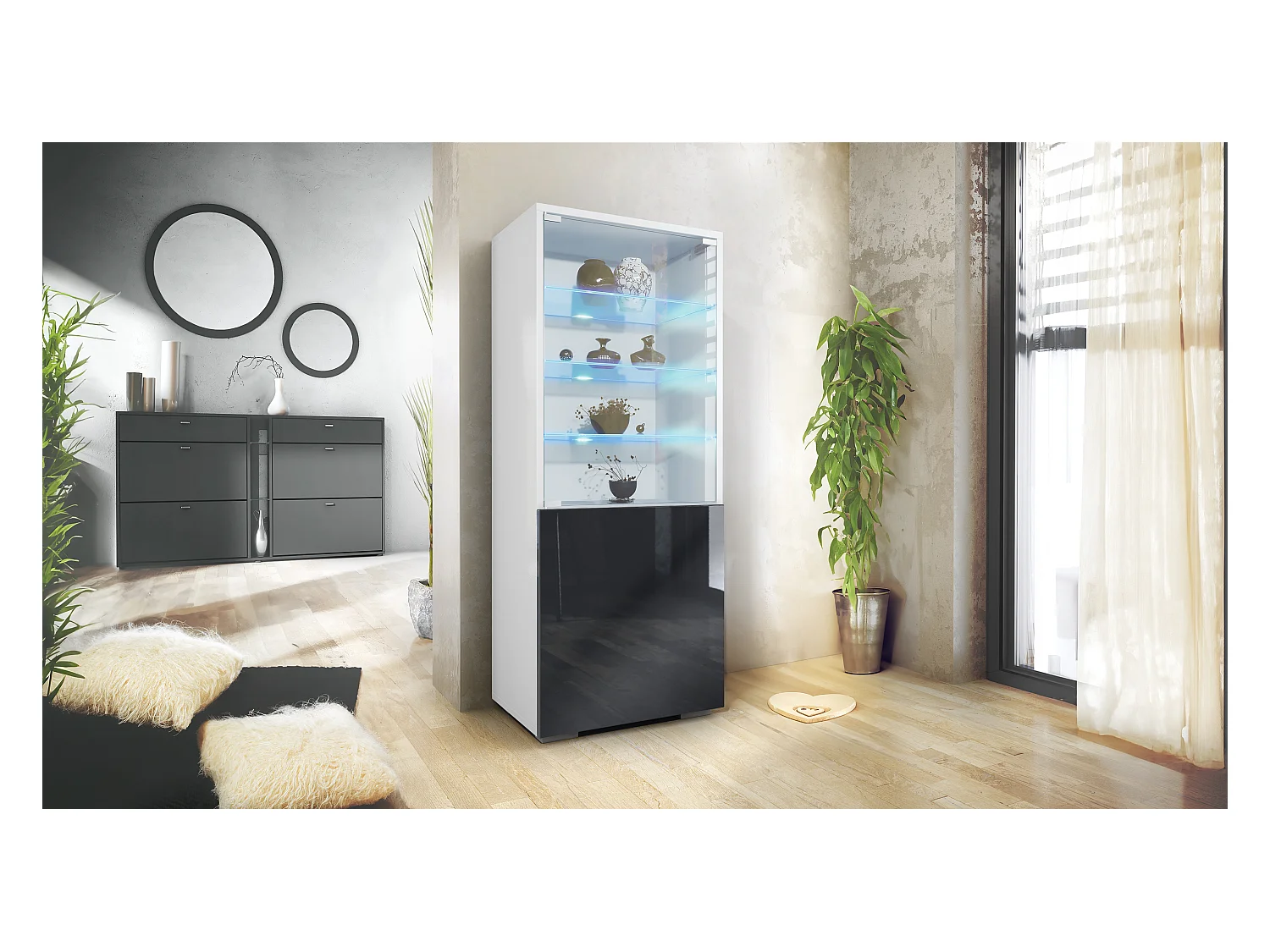 Vitrine Granada de , Armoire Vitrée Made in Germany avec Porte en Verre et Insert en Verre y compris LED, blanc mat/noir brillant (50 x 122,5 x 34,5 cm)
