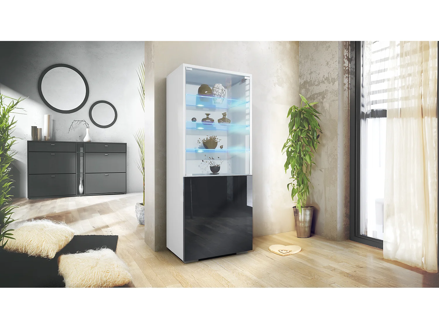 Vetrina Granada di Vladon, Armadio Vetrina Made in Germany con Porta in Vetro e Inserto in Vetro incl. LED, bianco opaco/nero lucido (50 x 122,5 x 34,5 cm)