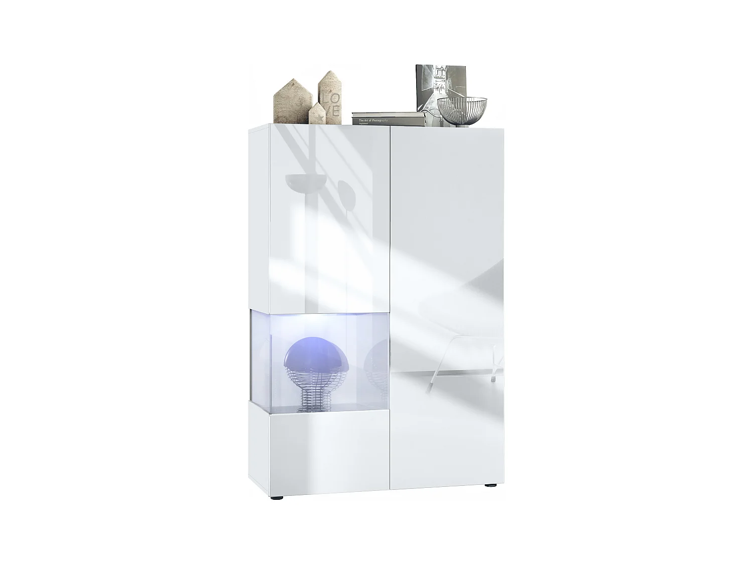 Vitrine Morena V2, vitrine sur pied avec 2 portes et insert en verre, corps blanc mat, façades Blanc brillant, Cube Blanc brillant avec éclairage LED blanc
