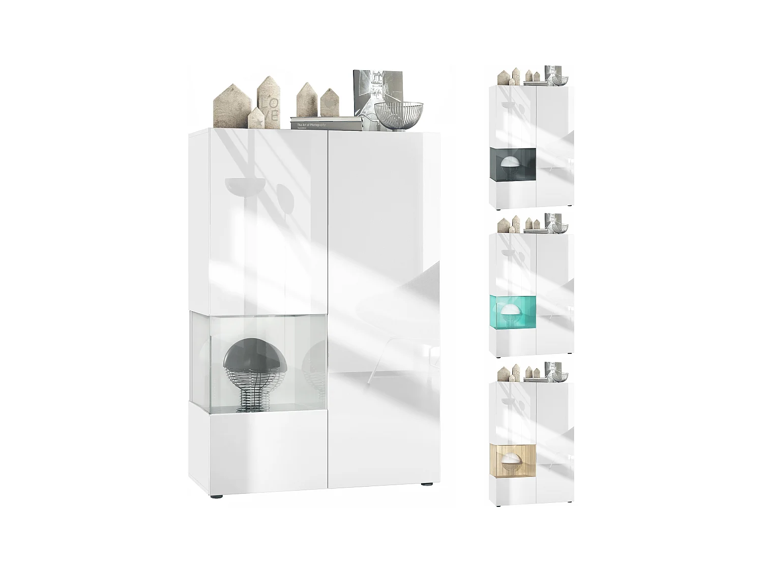 Vitrine Morena V2, vitrine sur pied avec 2 portes et insert en verre, corps blanc mat, façades Blanc brillant, Cube Blanc brillant avec éclairage LED blanc