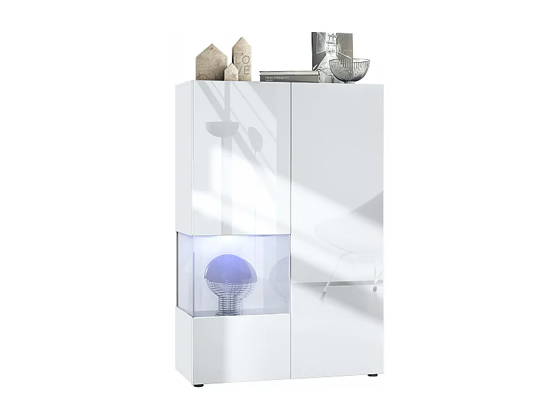 Vetrina Vladon Morena V2, vetrina a pavimento, mobile bianco opaco, frontali bianco lucido, cubo bianco lucido con illuminazione LED bianca (91,5 x 136,5 x 37 cm)