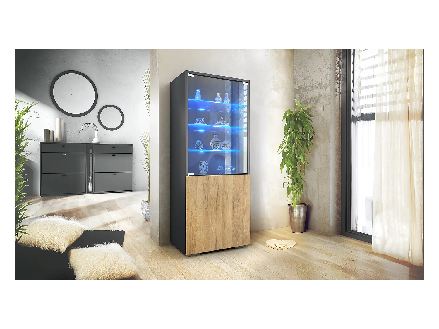 Vitrine Granada de , Armoire Vitrée Made in Germany avec Porte en Verre et Insert en Verre y compris LED, anthracite mat/chêne nature (50 x 122,5 x 34,5 cm)