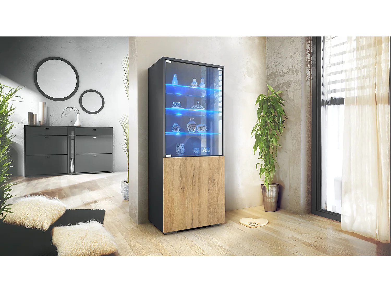 Vetrina Granada di Vladon, Armadio Vetrina Made in Germany con Porta in Vetro e Inserto in Vetro incl. LED, antracite opaco /rovere naturale (50 x 122,5 x 34,5 cm)