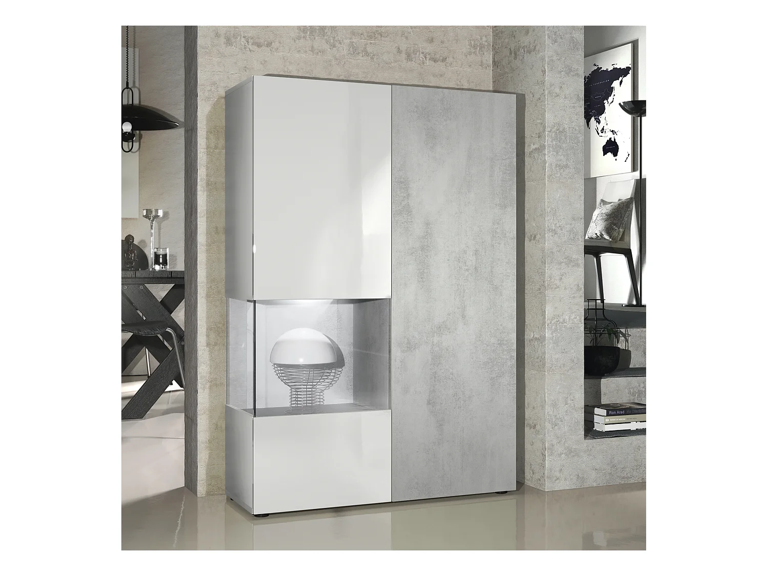 Vitrine Armoire Morena, Corps en Blanc mat / Porte droite et insert en Aspect Béton Oxyde avec éclairage LED