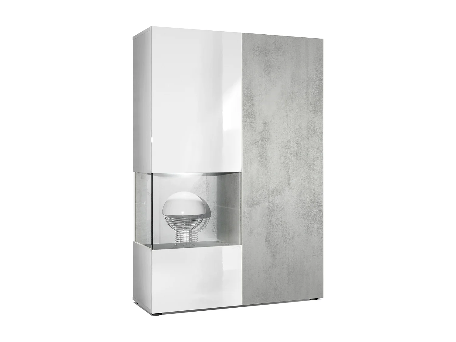 Armadio espositivo alto Morena, struttura in bianco opaco / anta destra e inserto in grigio ossido cemento con illuminazione a LED