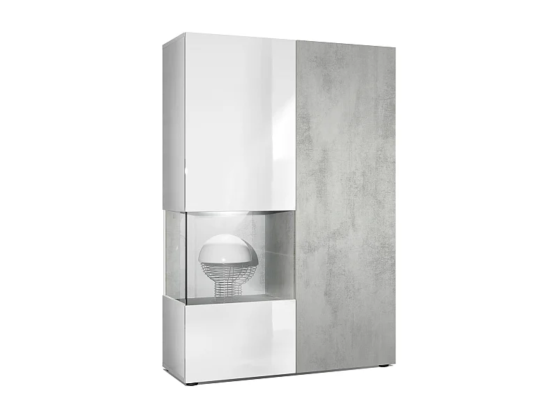 Vitrine Armoire Morena, Corps en Blanc mat / Porte droite et insert en Aspect Béton Oxyde avec éclairage LED