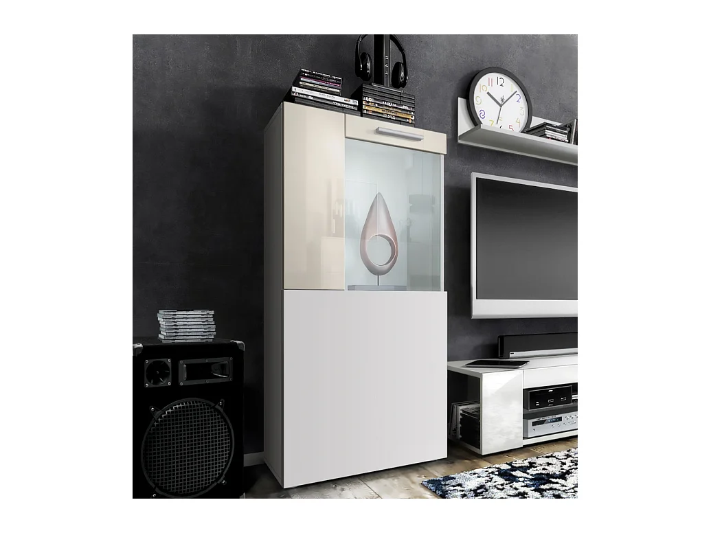 Vitrine de cinéma, blanc mat/crème haute brillance - Vitrine moderne en verre - (LxHxP) : 50,5 x 111 x 32,5 cm