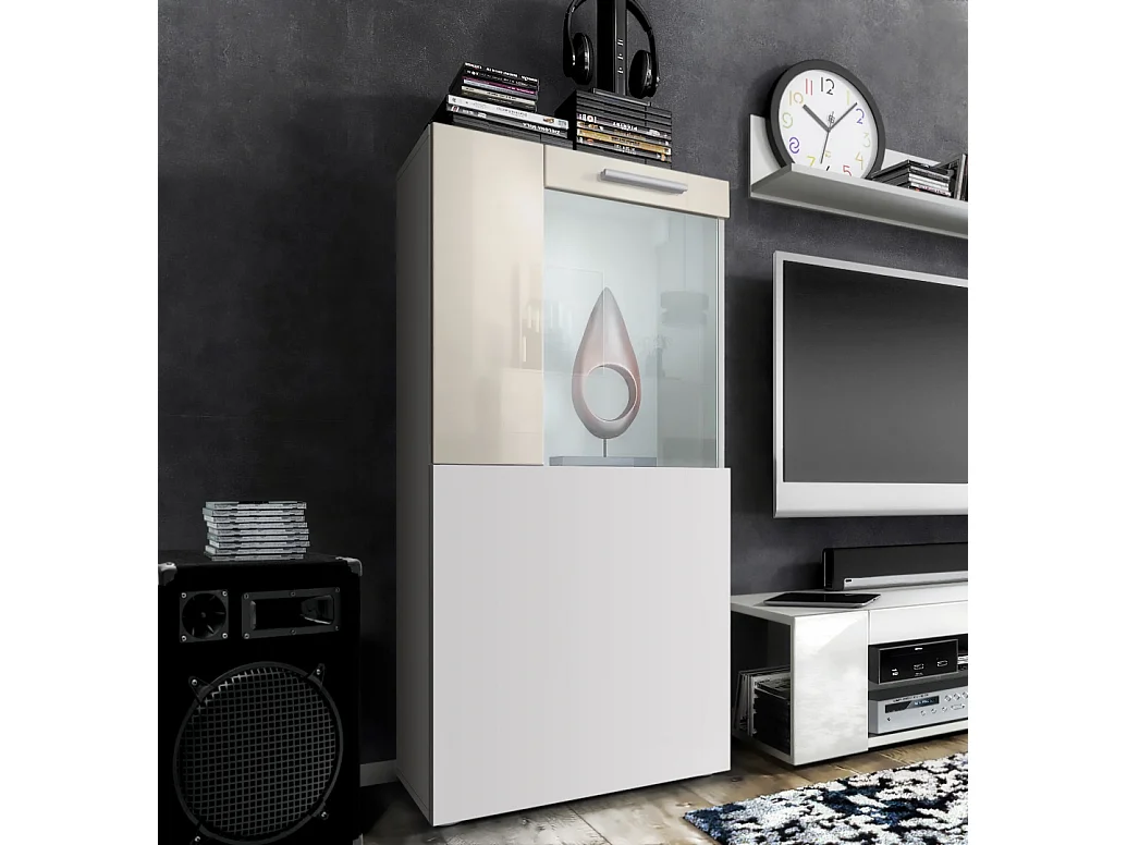 Vladon Vetrina Movie, bianco opaco/beige lucido - Vetrina moderna in vetro - (LxHxP): 50,5 x 111 x 32,5 cm