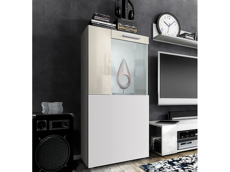 Vitrine de cinéma, blanc mat/crème haute brillance - Vitrine moderne en verre - (LxHxP) : 50,5 x 111 x 32,5 cm