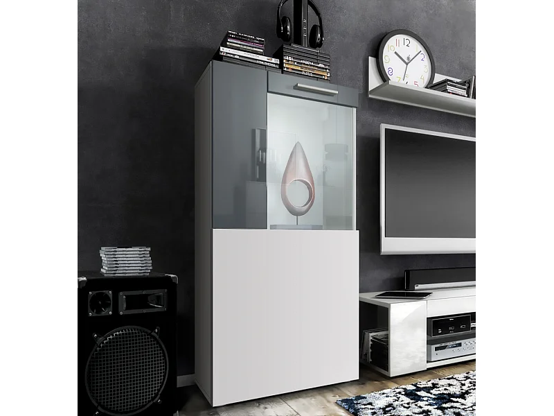 Vladon Vetrina Movie, bianco opaco/grigio lucido - Vetrina moderna in vetro - (LxHxP): 50,5 x 111 x 32,5 cm