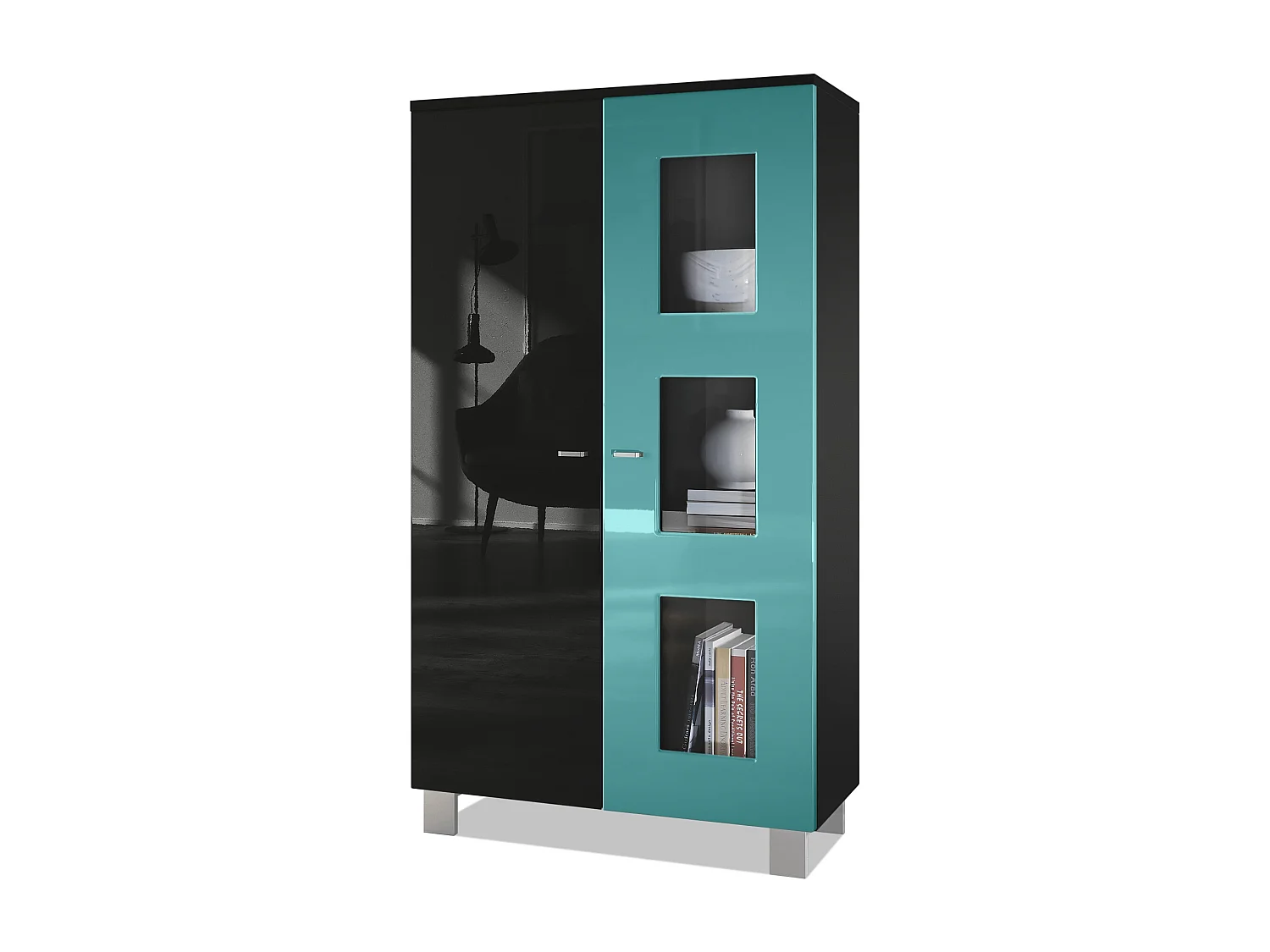 Vitrine de salon Denjo, Vitrine sur pied avec 2 portes et 3 vitres, Noir mat/Noir haute brillance/Turquoise haute brillance (71 x 129 x 35 cm)