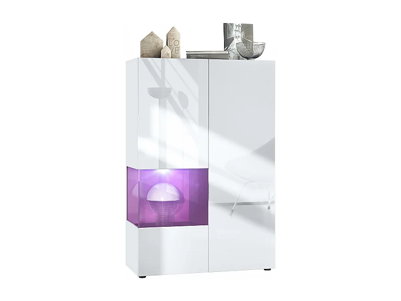 Vitrine Morena V2, vitrine sur pied avec 2 portes et insert en verre, corps blanc mat, façades Blanc brillant, Cube mûre brillant avec éclairage LED blanc