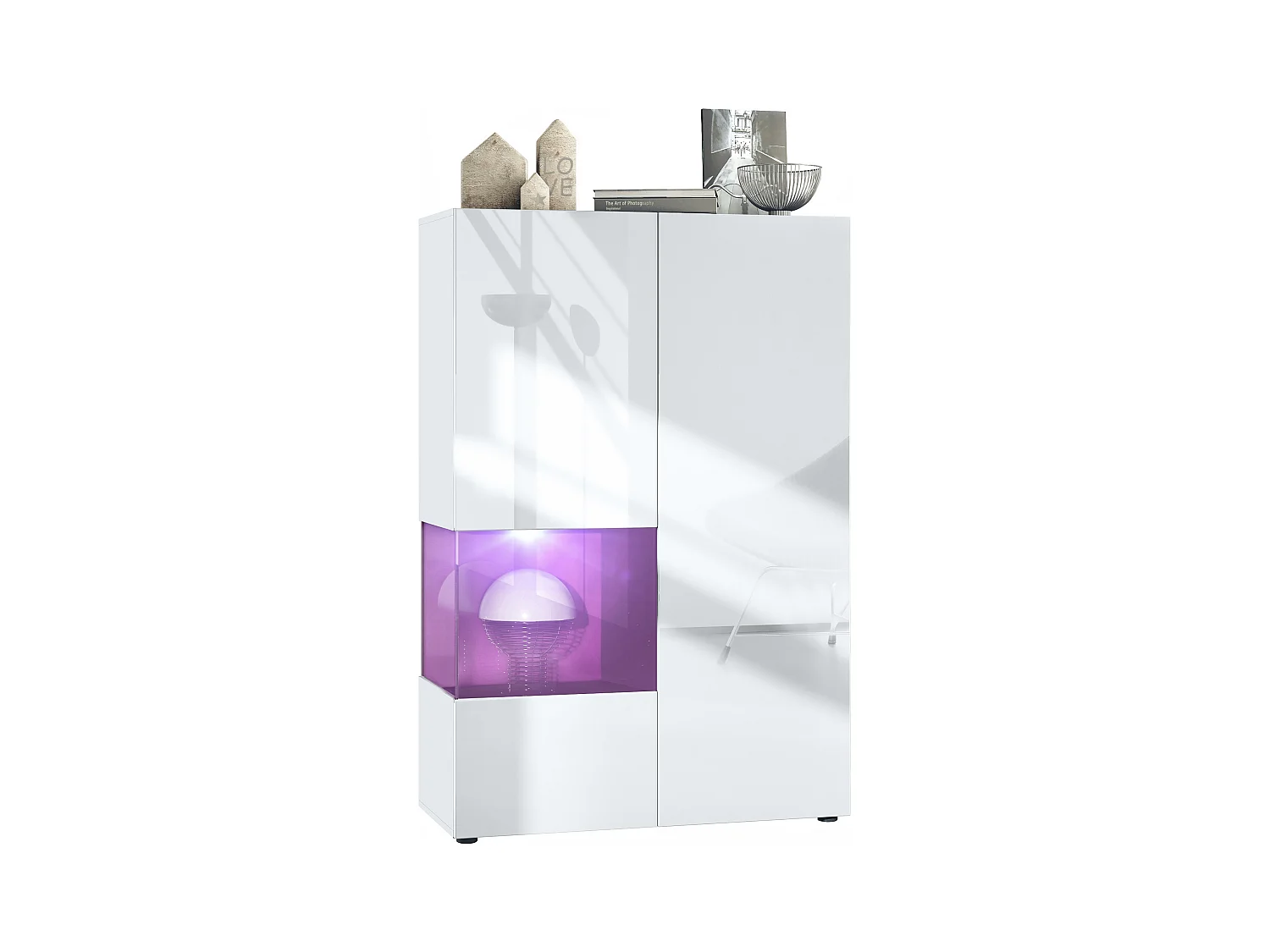 Vitrine Morena V2, vitrine sur pied avec 2 portes et insert en verre, corps blanc mat, façades Blanc brillant, Cube mûre brillant avec éclairage LED blanc