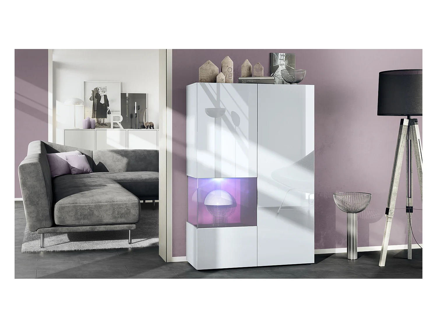 Vitrine Morena V2, vitrine sur pied avec 2 portes et insert en verre, corps blanc mat, façades Blanc brillant, Cube mûre brillant avec éclairage LED blanc