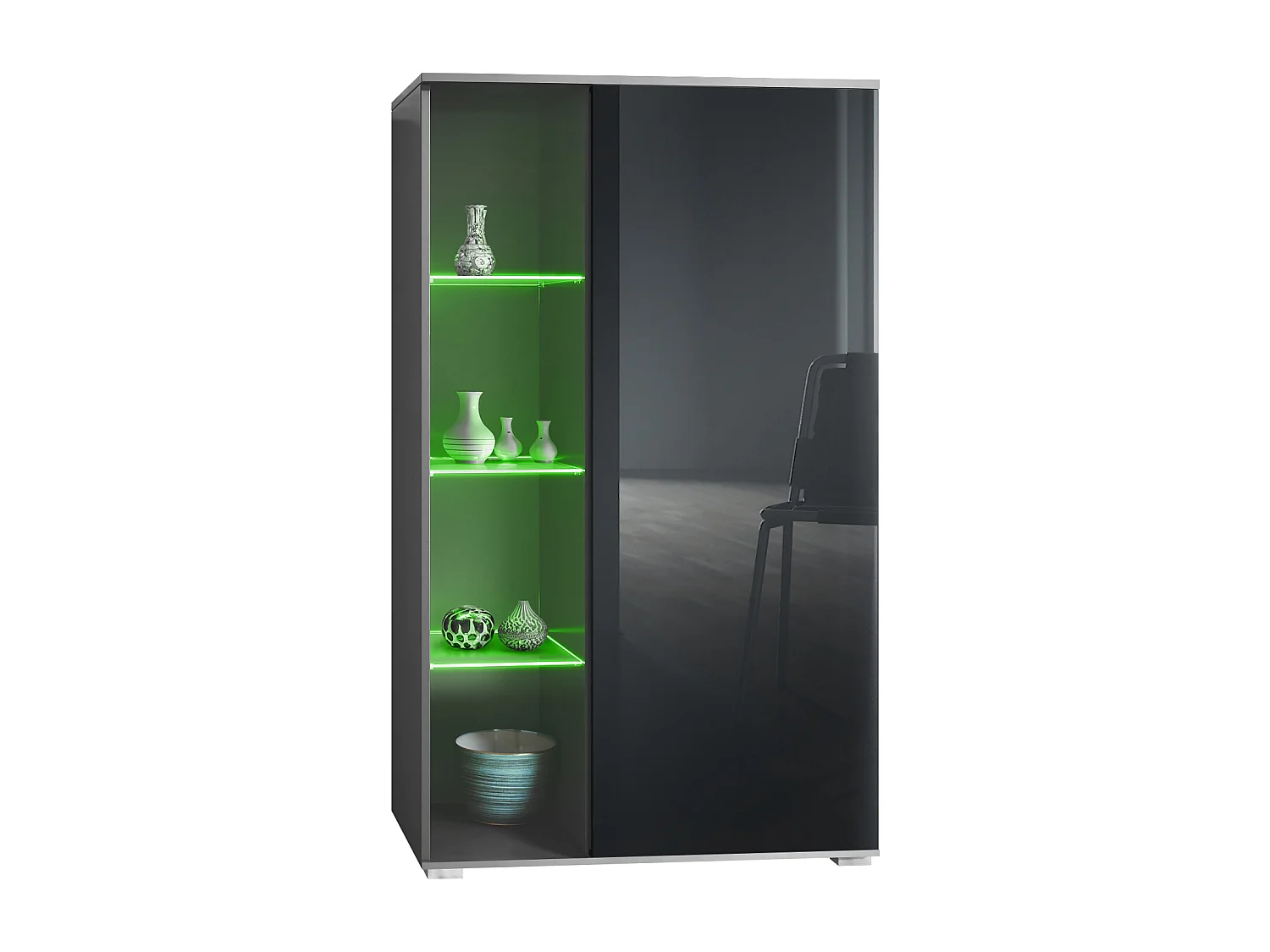 Vitrine Davos, vitrine sur pied avec 3 étagères en verre et 8 compartiments y compris LED, anthracite mat/noir haute brillance  (71,5 x 134 x 35 cm)