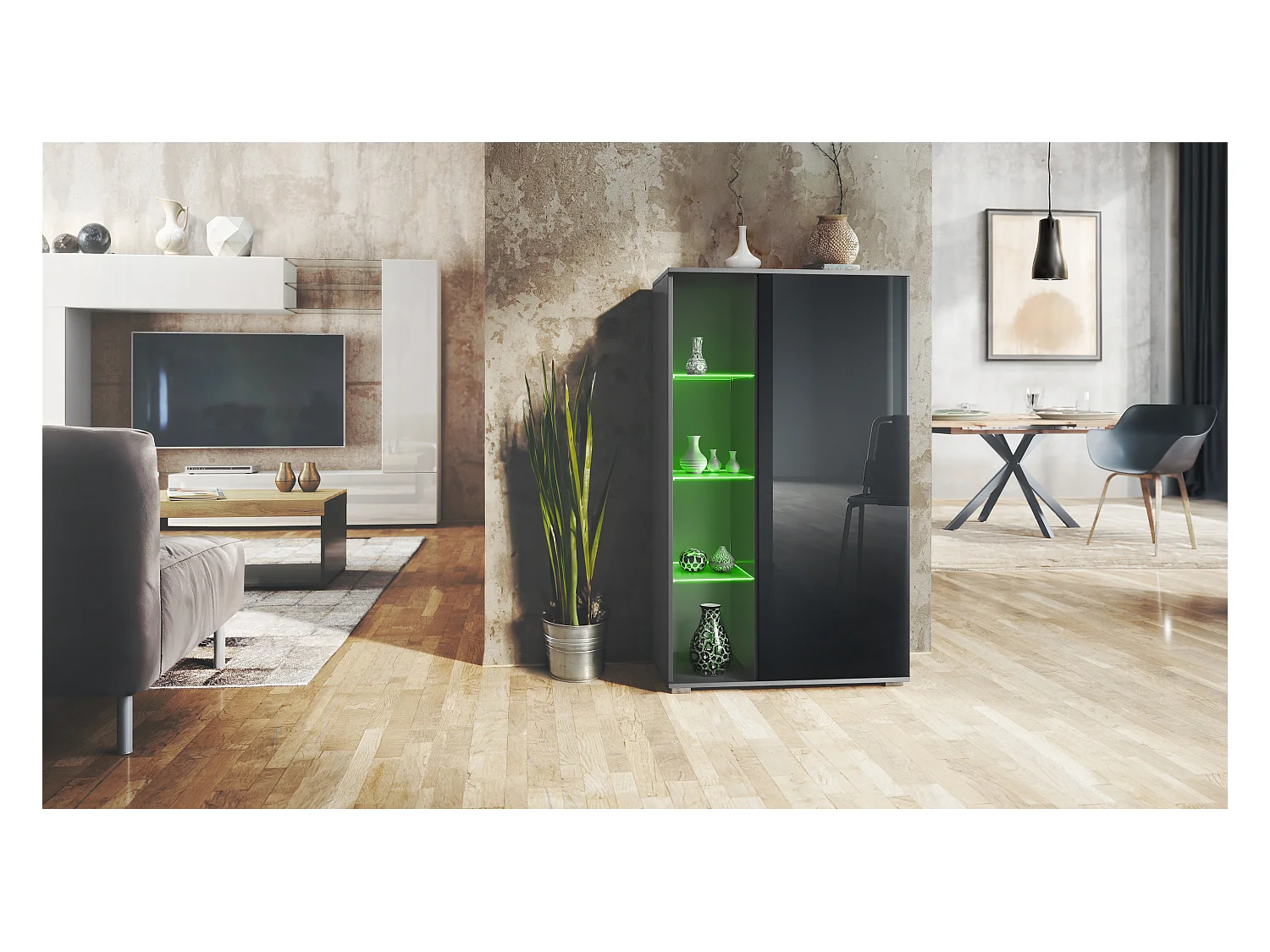 Vitrine Davos, vitrine sur pied avec 3 étagères en verre et 8 compartiments y compris LED, anthracite mat/noir haute brillance  (71,5 x 134 x 35 cm)