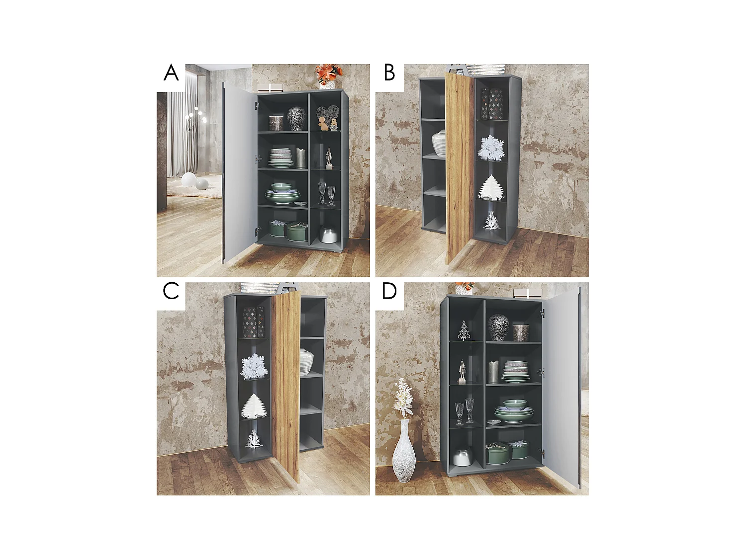 Vitrine Davos, vitrine sur pied avec 3 étagères en verre et 8 compartiments y compris LED, anthracite mat/noir haute brillance  (71,5 x 134 x 35 cm)