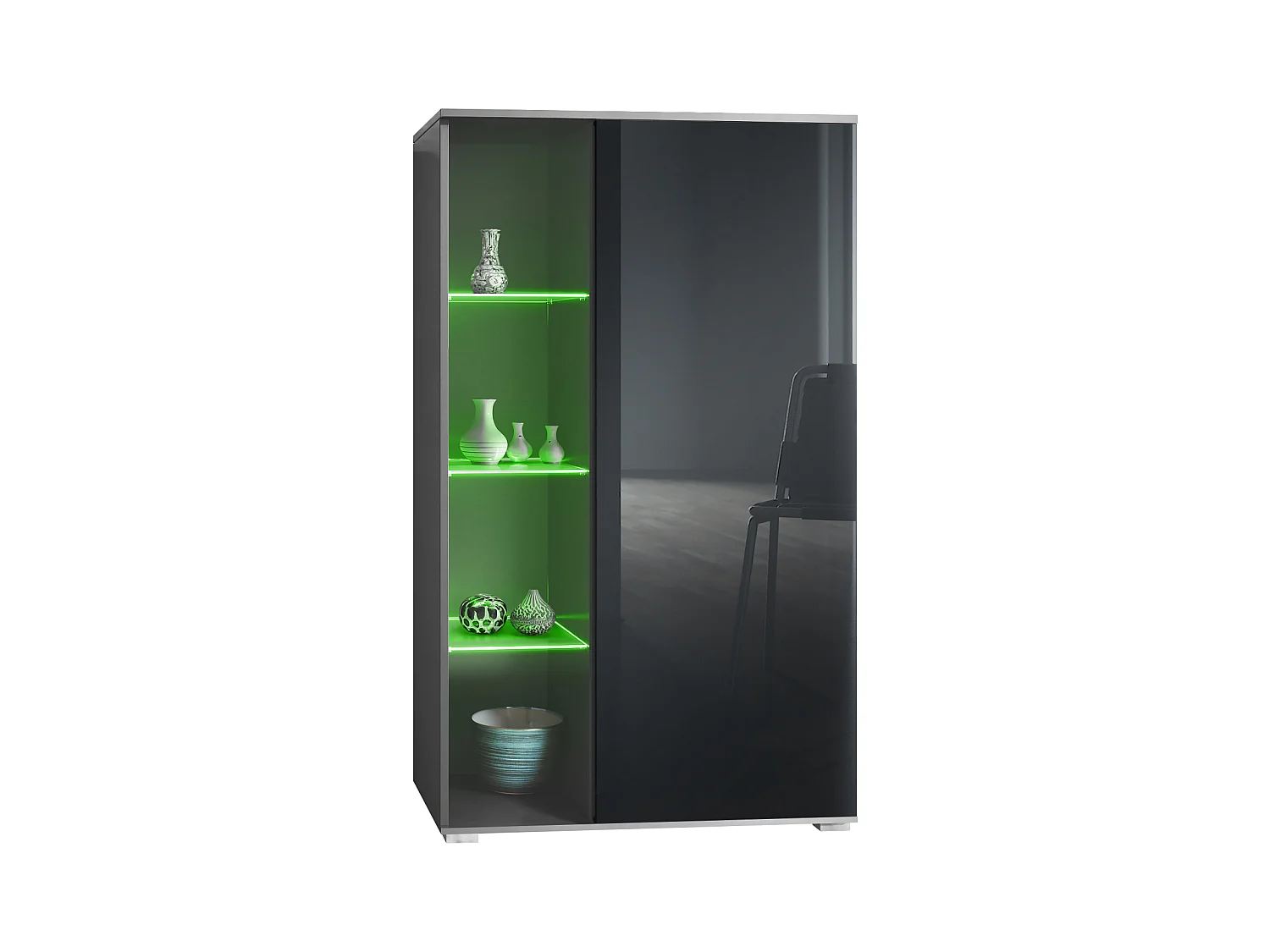 Vitrina Davos, vitrina independiente con 3 estantes de cristal y 8 compartimentos incl. LED, antracita mate/negro de alto brillo  (71,5 x 134 x 35 cm)