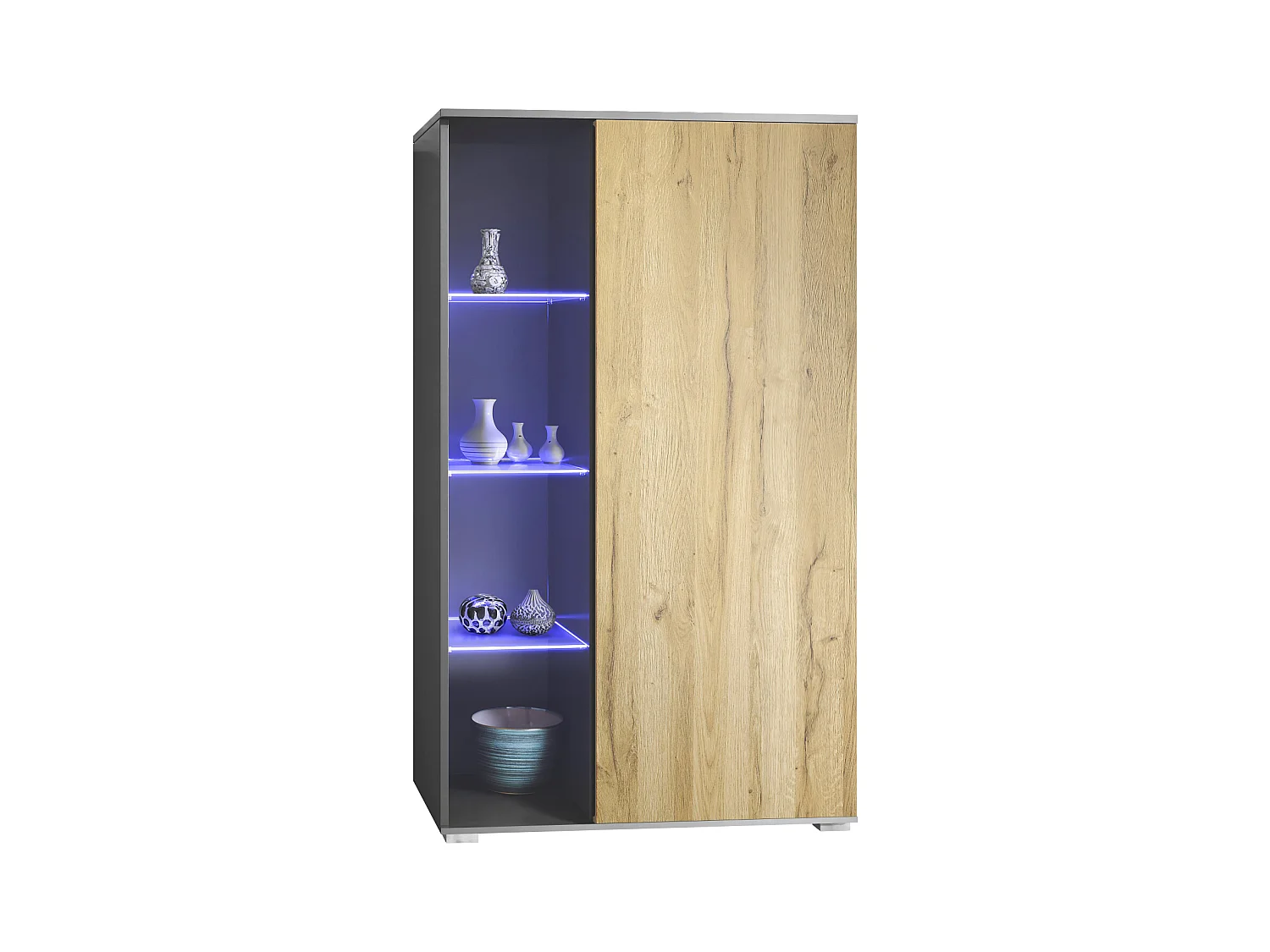 Vitrine Davos, vitrine sur pied avec 3 étagères en verre et 8 compartiments y compris LED, anthracite mat/chêne nature  (71,5 x 134 x 35 cm)