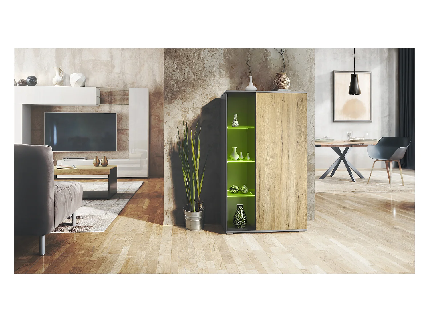 Vitrine Davos, vitrine sur pied avec 3 étagères en verre et 8 compartiments y compris LED, anthracite mat/chêne nature  (71,5 x 134 x 35 cm)