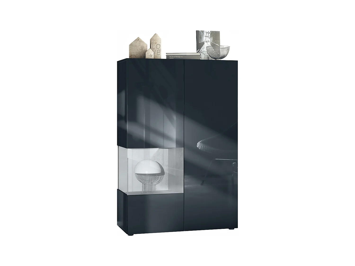 Vitrina Vladon Morena V2, vitrina de pie con 2 puertas e inserción de cristal, carcasa negro mate, frentes negro de alto brillo, Cube hormigón oxidado