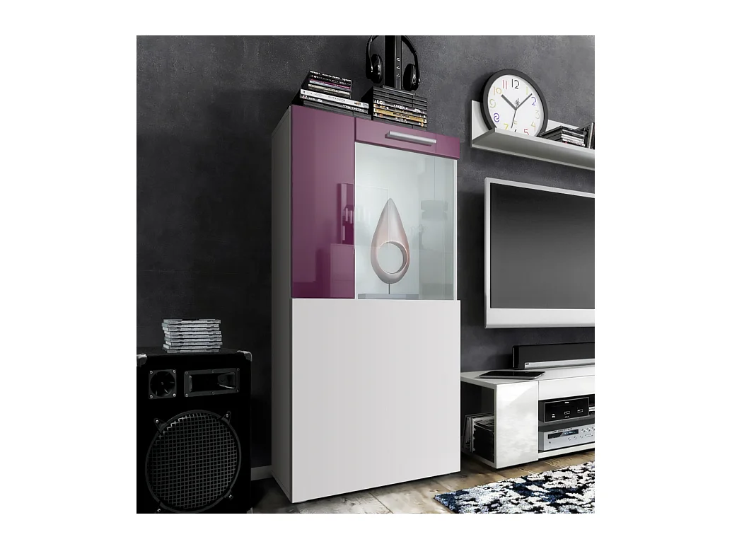 Vitrine de cinéma, blanc mat/mûre haute brillance - Vitrine moderne en verre - (LxHxP) : 50,5 x 111 x 32,5 cm