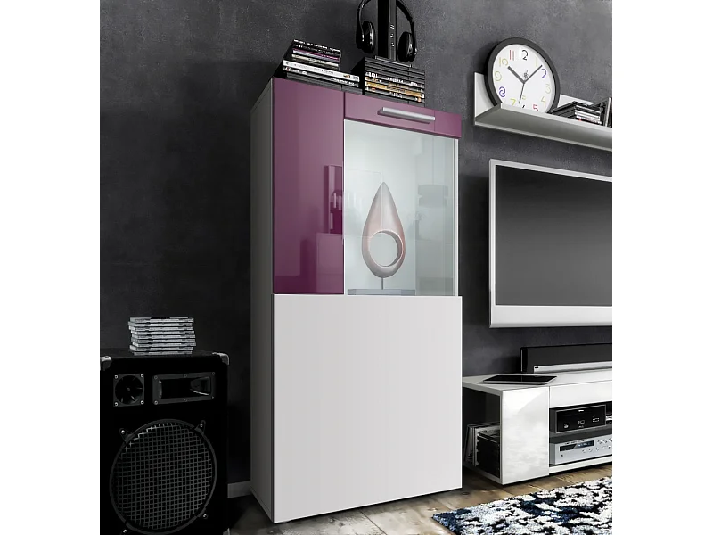 Vitrine de cinéma, blanc mat/mûre haute brillance - Vitrine moderne en verre - (LxHxP) : 50,5 x 111 x 32,5 cm