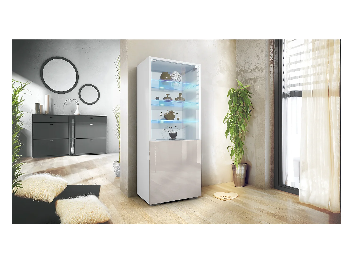 Vitrine Granada de , Armoire Vitrée Made in Germany avec Porte en Verre et Insert en Verre y compris LED, blanc mat/gris sable brillant (50 x 122,5 x 34,5 cm)