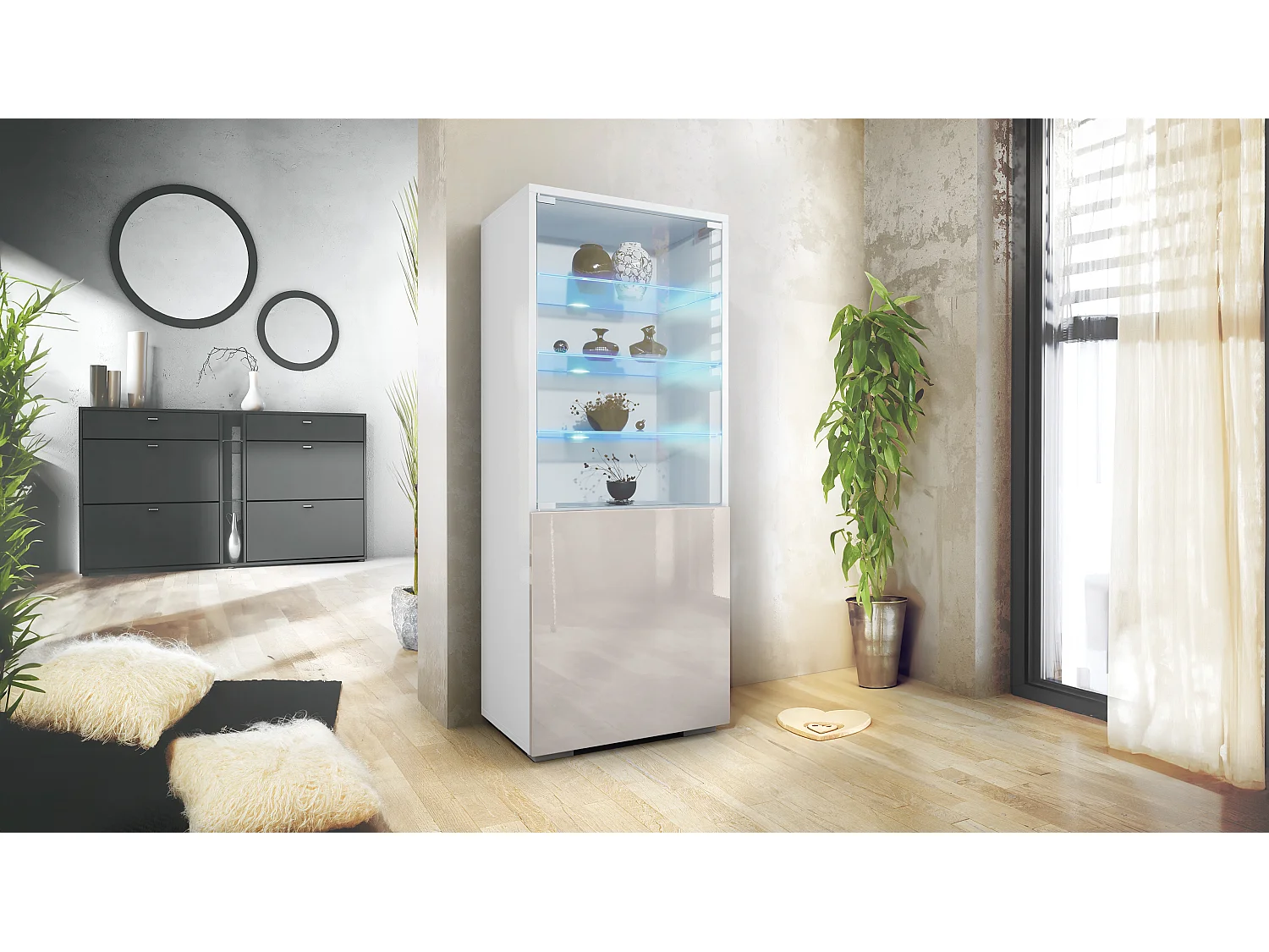 Vetrina Granada di Vladon, Armadio Vetrina Made in Germany con Porta in Vetro e Inserto in Vetro incl. LED, bianco opaco/grigio sabbia lucido (50 x 122,5 x 34,5 cm)