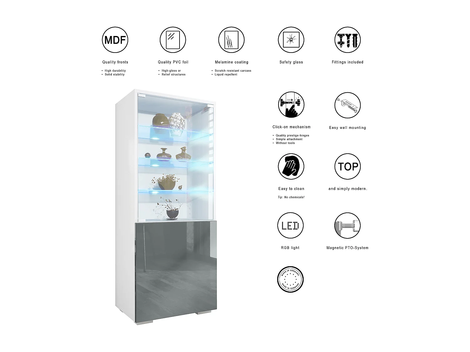 Vetrina Granada di Vladon, Armadio Vetrina Made in Germany con Porta in Vetro e Inserto in Vetro incl. LED, bianco opaco/grigio sabbia lucido (50 x 122,5 x 34,5 cm)