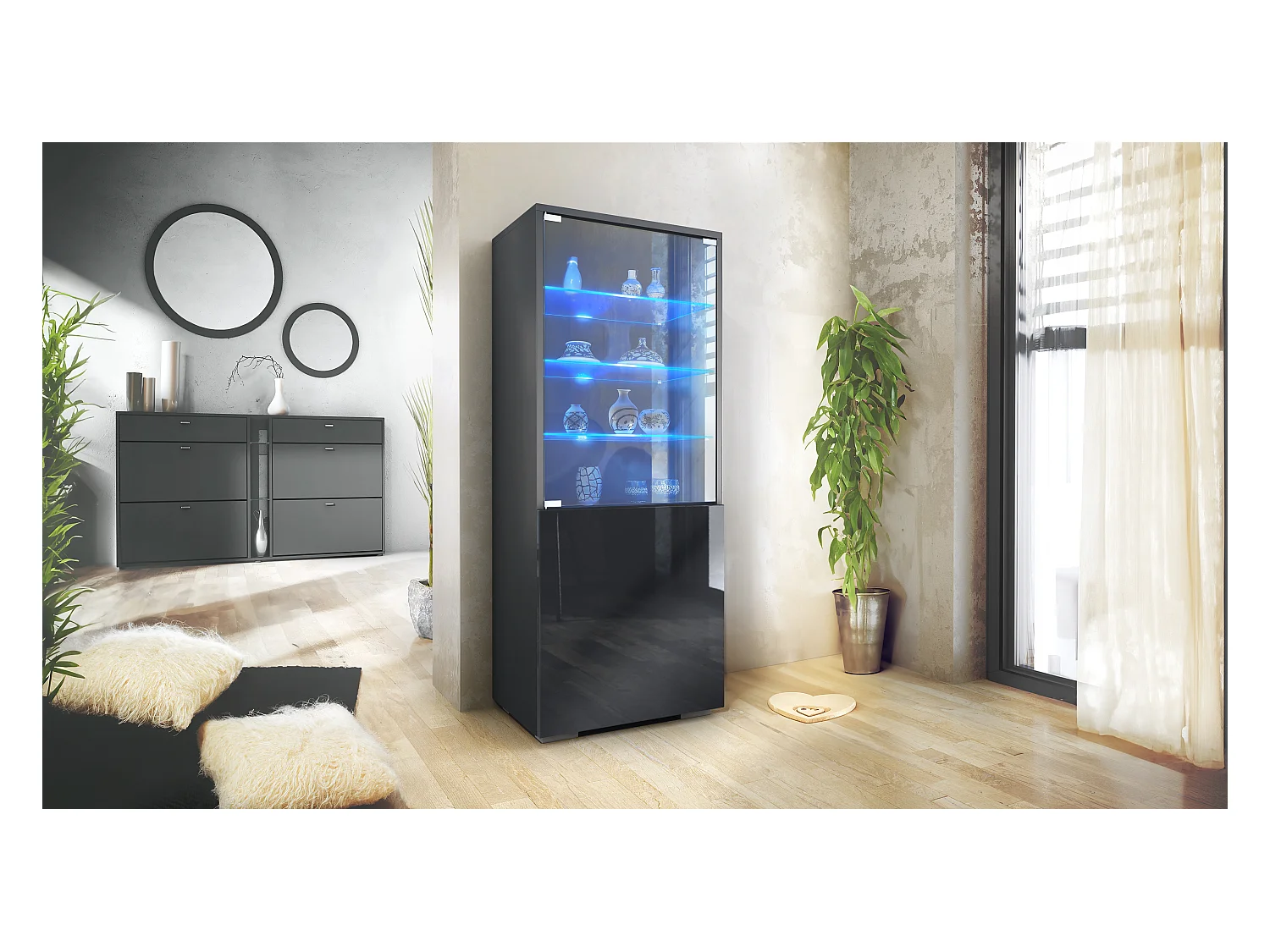 Vitrine Granada de , Armoire Vitrée Made in Germany avec Porte en Verre et Insert en Verre y compris LED, anthracite mat/noir brillant (50 x 122,5 x 34,5 cm)