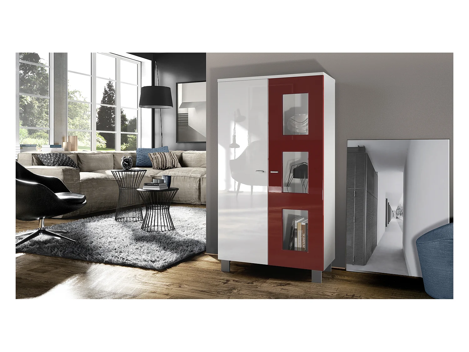 Vitrine de salon Denjo, Vitrine sur pied avec 2 portes et 3 vitres, Blanc mat/Blanc haute brillance/Bordeaux haute brillance (71 x 129 x 35 cm)