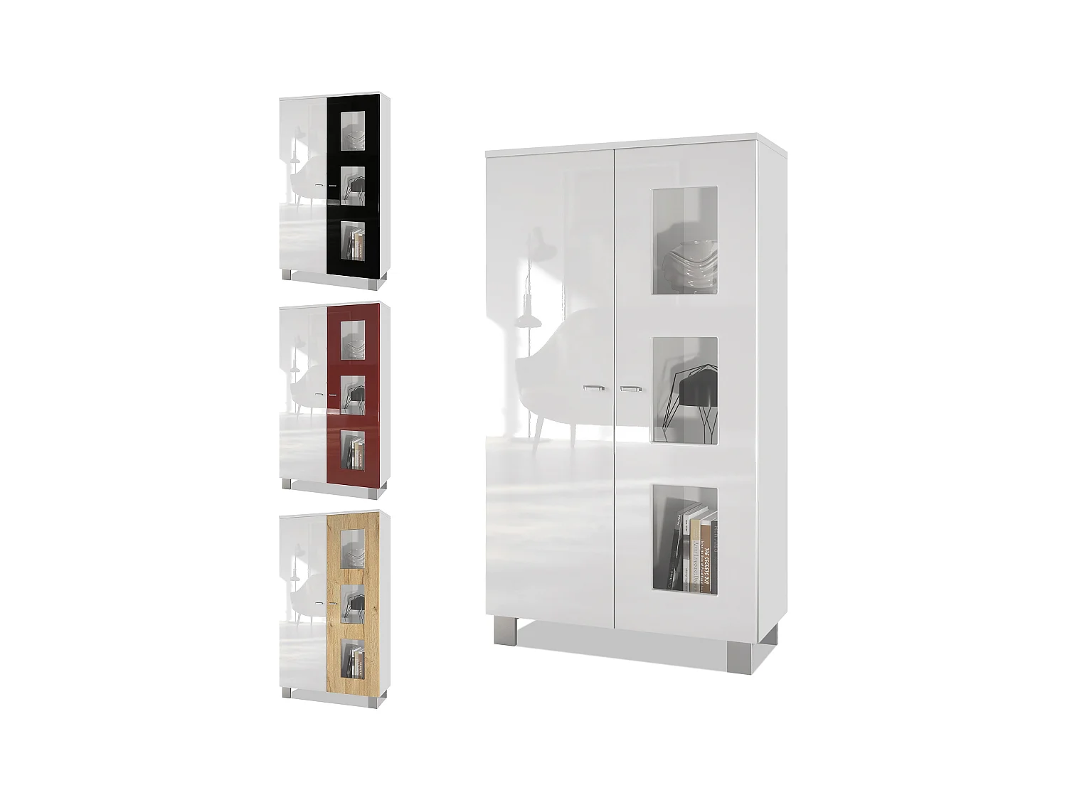 Vitrine de salon Denjo, Vitrine sur pied avec 2 portes et 3 vitres, Blanc mat/Blanc haute brillance/Bordeaux haute brillance (71 x 129 x 35 cm)