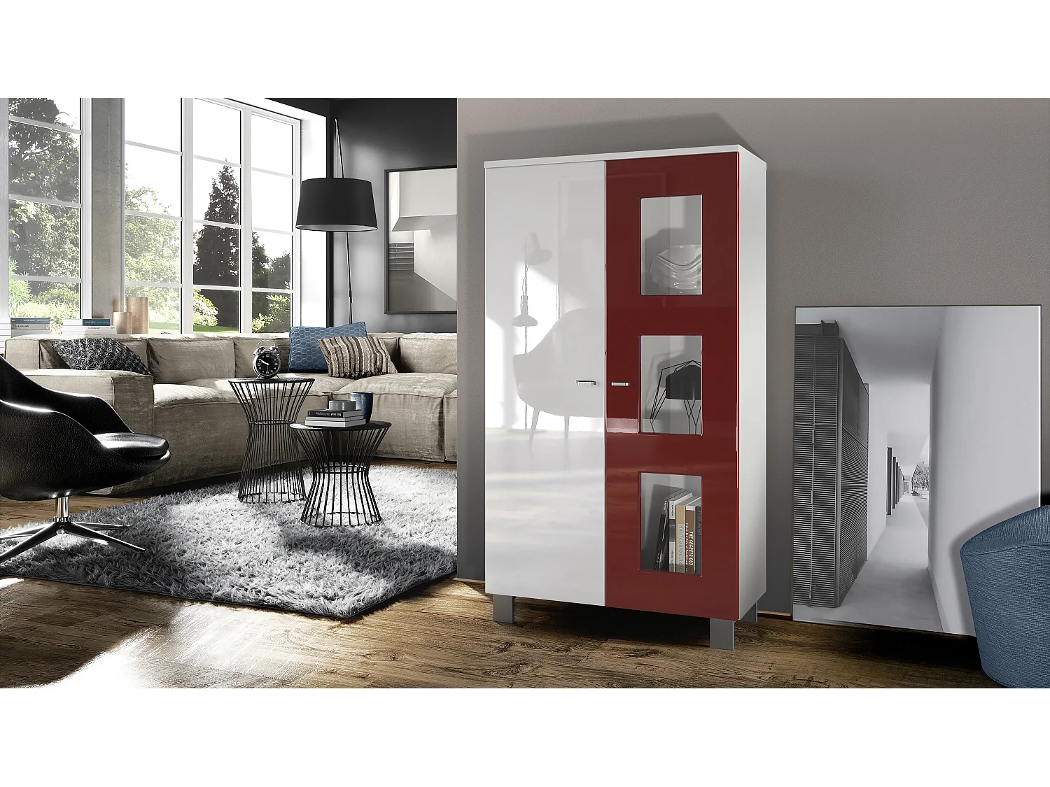 Vetrina  Denjo, vetrina indipendente con 2 ante e 3 pannelli in vetro, bianco opaco/bianco lucido/bordeaux lucido