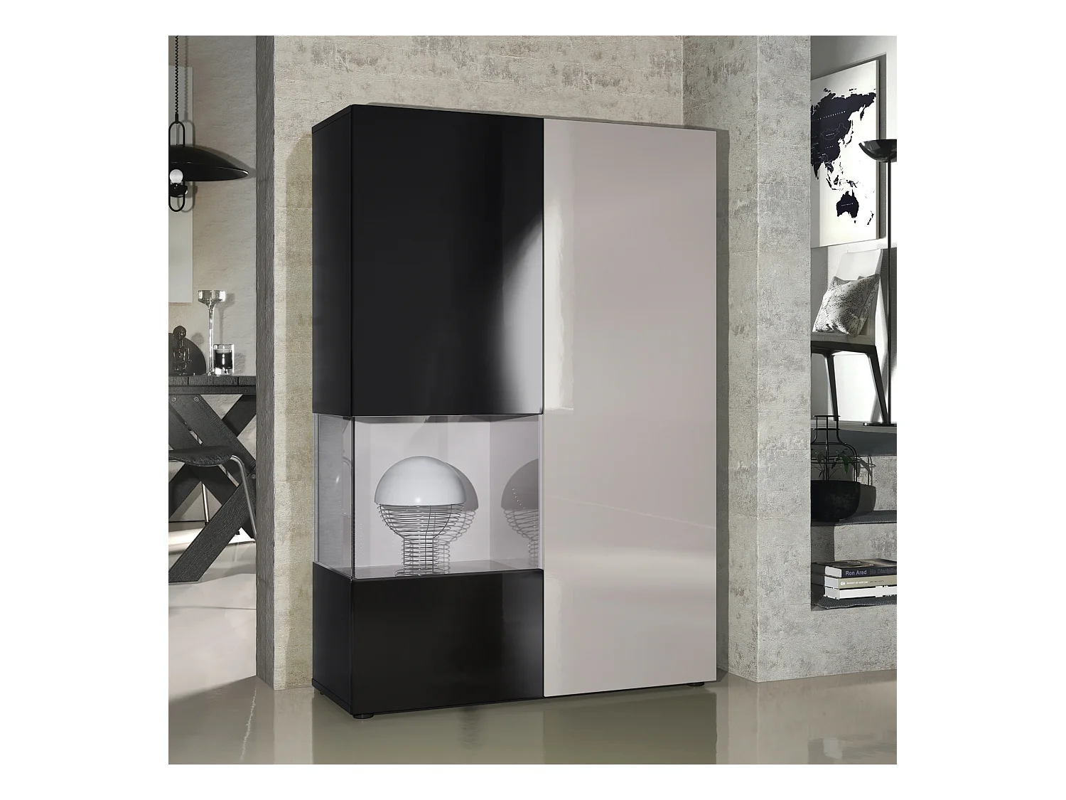 Vitrine Armoire Morena, Corps en Noir mat / Porte droite et insert en Gris sable haute brillance