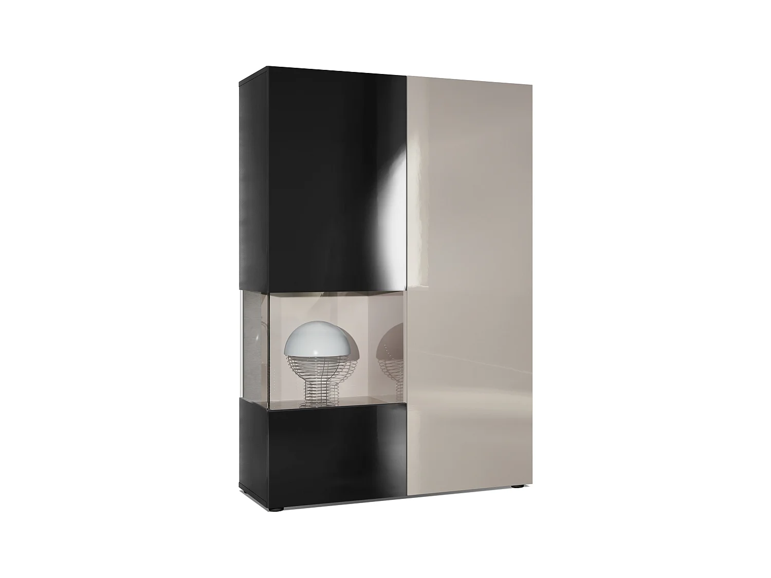 Vitrina Cómoda Morena, cuerpo en negro mate/ puerta derecha e inserción en gris arena de alto brillo