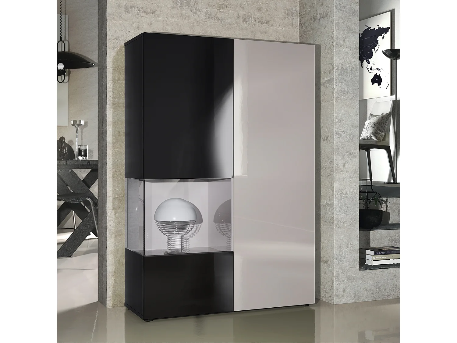 Armadio espositivo alto Morena, struttura in nero opaco / anta destra e inserto in grigio sabbia lucido