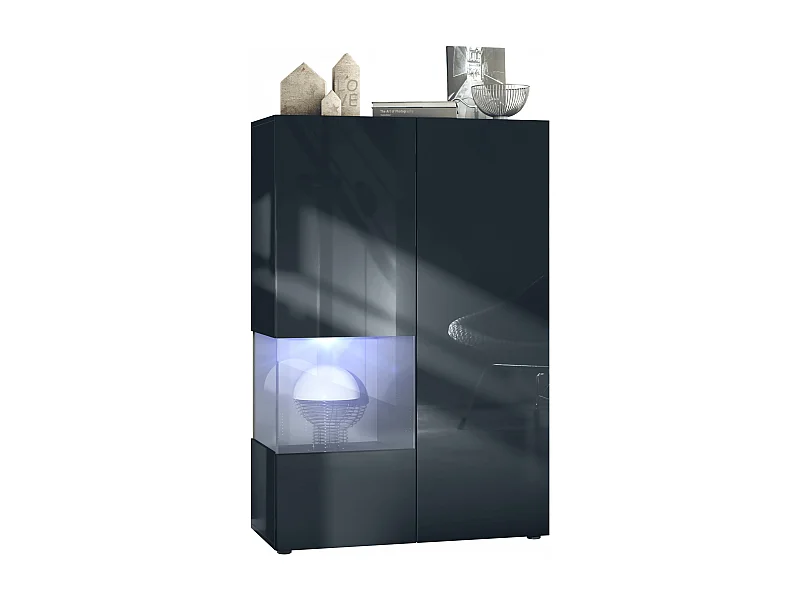 Vitrine Morena V2, vitrine sur pied avec 2 portes et insert en verre, corps noir mat, façades noir brillant, Cube gris brillant avec éclairage LED blanc