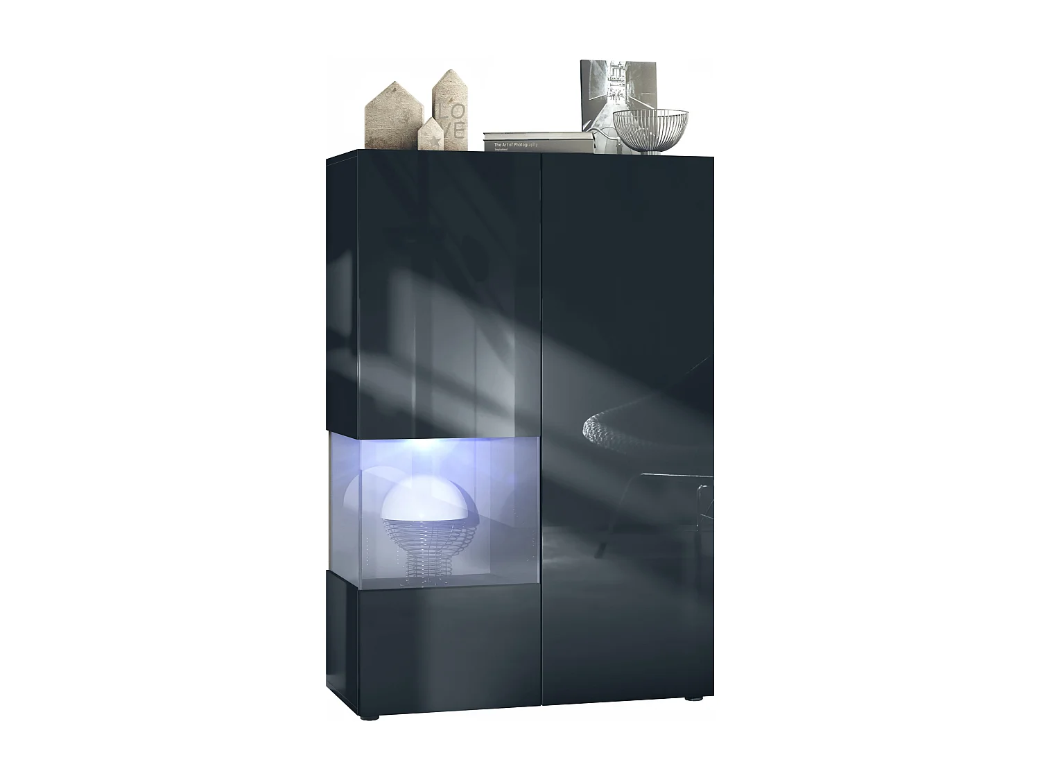 Vitrine Morena V2, vitrine sur pied avec 2 portes et insert en verre, corps noir mat, façades noir brillant, Cube gris brillant avec éclairage LED blanc