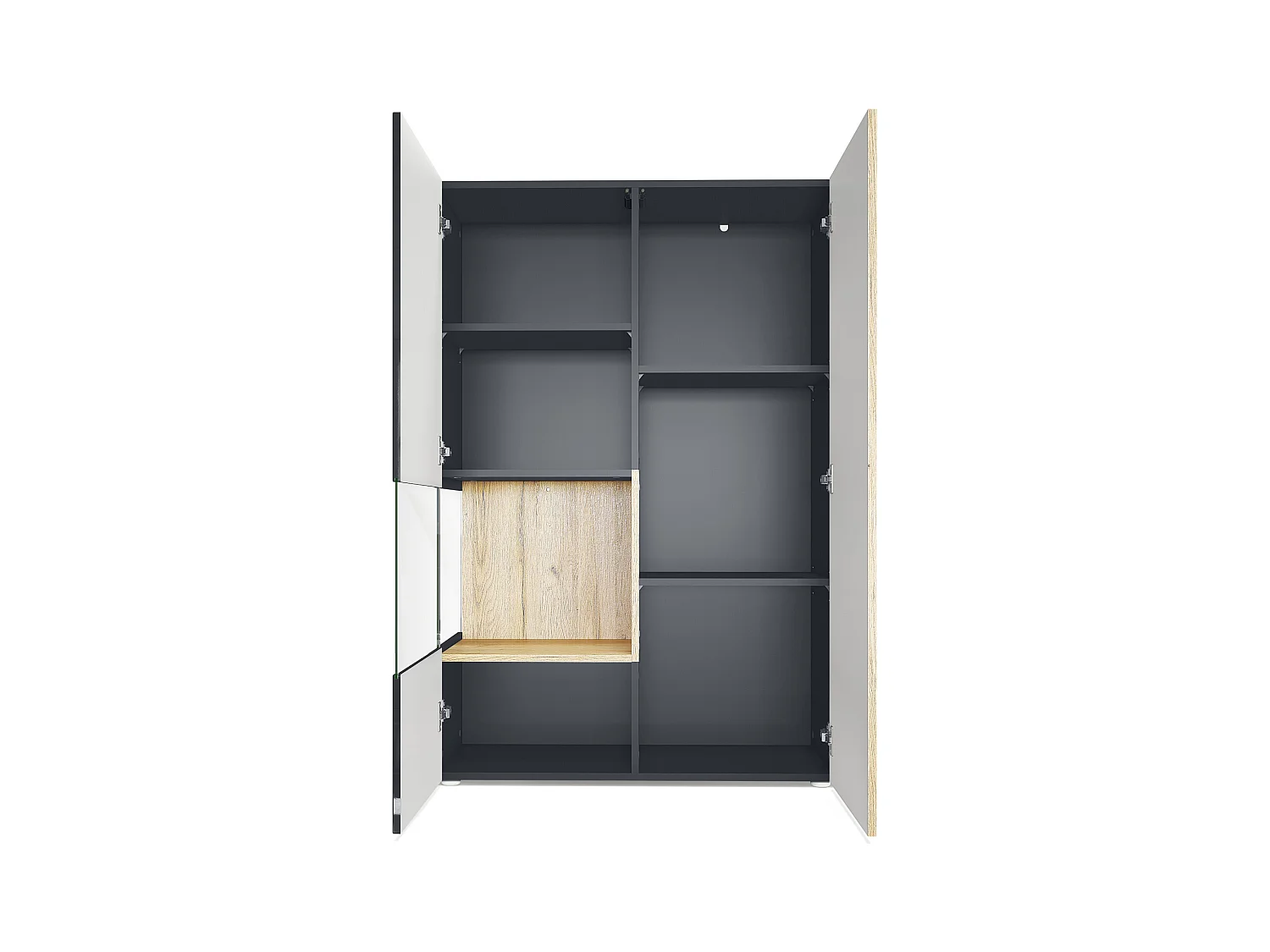 Vitrine Morena V2, vitrine sur pied avec 2 portes et insert en verre, corps noir mat, façades noir brillant, Cube gris brillant avec éclairage LED blanc